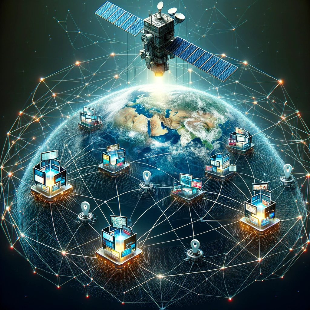DALL·E 2023-12-29 12.13.59 - An artistic visualization of the GeoNewsChain concept. This image showcases a network of satellite signals above a globe, representing the GNSS techno