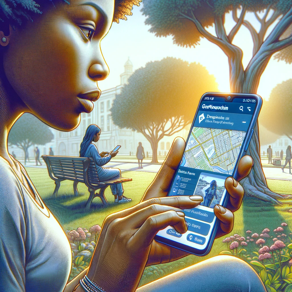 DALL·E 2023-12-29 12.18.48 - An artistic rendering of a woman using the GeoNewsChain app on her smartphone. The woman, of African descent, is depicted in a park setting, intently