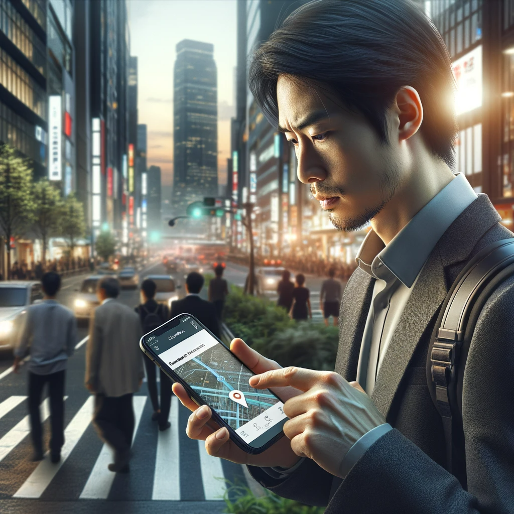 DALL·E 2023-12-29 12.22.52 - A photorealistic image of a man of Asian descent using the GeoNewsChain app on his smartphone. He's standing on a busy city sidewalk, with the hustle