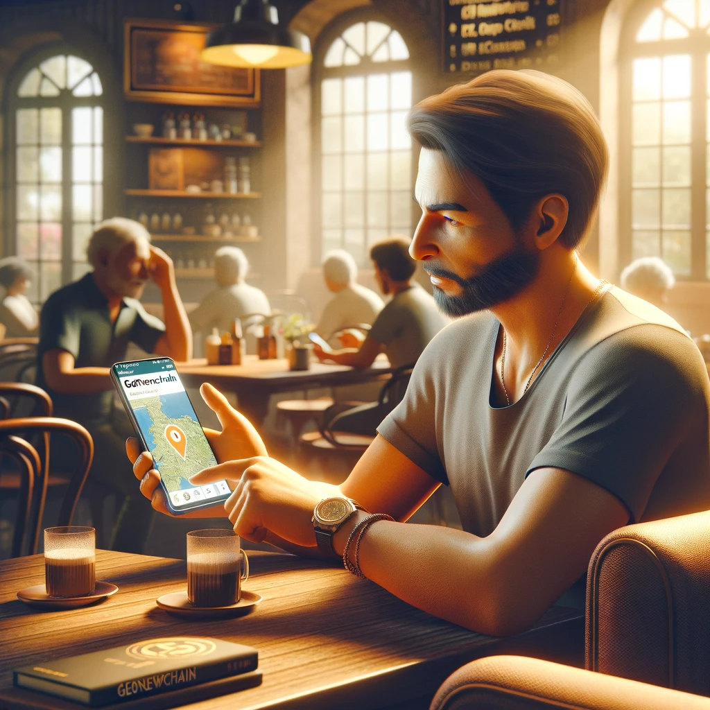DALL·E 2023-12-29 12.23.34 - A photorealistic portrayal of a man of Hispanic descent engaging with the GeoNewsChain app on his smartphone in a cozy cafe. He is depicted sitting at